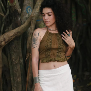 Tribal 'Cacao' <b>Crop</b> <b>Top</b> 100% Cotton Hand Block Printed Halter Collar Knitted Casual Short Length with <b>Fringes</b> - Product Image 1