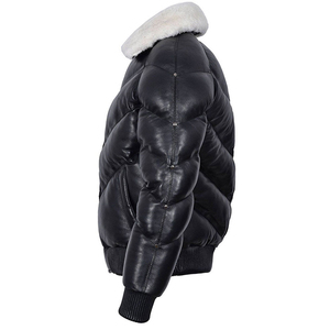 2025 nueva chaqueta acolchada de cuero negro de la mejor calidad para hombre con cuello de piel de oveja blanca chaqueta acolchada de cuero de moda cálida de invierno - Product Image 4