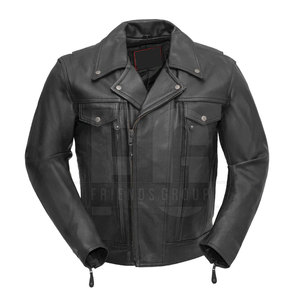 Veste de moto en cuir véritable noir pour homme, col rabattu, fermeture éclair, manches longues - Product Image 1