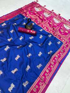 Mercado Textil de Surat, Proveedor Mayorista de Saris, Paithani Sadi con Sensación de Seda de Lichi Suave, con Borlas en el Pallu y Blusa Sin Coser - Product Image 5