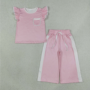 ชุดเสื้อแขนระบายลายจุดสีชมพูสำหรับเด็กผู้หญิงพร้อมกางเกงขาบาน - Product Image 1