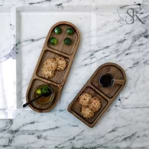 Bandeja de madera de diseño único atractivo de forma redonda venta al por mayor a granel con asas de hojas de metal chapadas en oro - Product Image 2