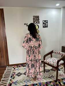 Robe midi bohème en coton tissé pour femmes, décontractée, estivale, à imprimé floral, imprimée à la main, lavable - Product Image 5