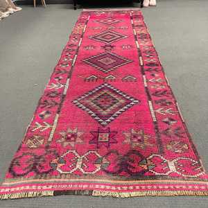 Turkish Vintage <b>Runner</b> Rug 3.1x10.5 ft, <b>Red</b> Abstract Rug Wool - Product Image 1