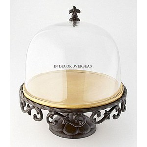 Vintage Rustic Art Designer Black Color Powder Coated Heavy Duty Metal Base <b>Cake</b> <b>Stand</b> With Clear Glass Top <b>Cover</b> From India - Product Image 1