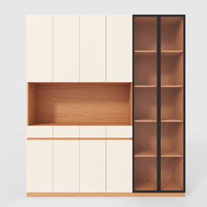 Buffet contemporain avec finition grain de bois, vitrine haute en verre, tiroirs, espace boissons et aménagement intégré sur mesure - Product Image 5