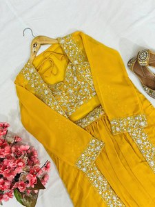 New Indian Western Style Faux Georgette Thread Zari & Sequence Embroidery Border Blouse <b>Shrug</b> And Lehenga With Embroidered Belt - Product Image 4