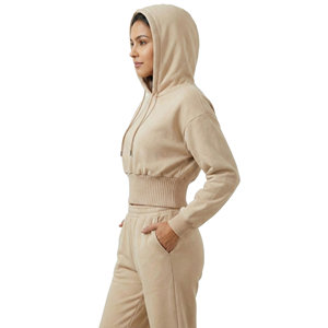 Sudaderas Cortas de Cintura Alta para Mujer con Logotipo Personalizado, Dobladillo Acordonado Ancho, Hombros Caídos, Manga Abullonada, Felpa de Algodón, Sudaderas al por Mayor - Product Image 1