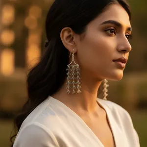 Boucles d'oreilles pendantes pour femme en argent 925, style bohème, avec cristaux et strass, idéales pour les fêtes, provenant du Rajasthan - Product Image 1