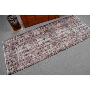 Vintage Rug 2.7x6.5 ft, <b>Brown</b> Gray Check <b>Wool</b> Turkish Rug - Product Image 2
