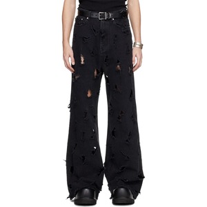 Pantalones Vaqueros de Mezclilla Personalizados Negros Deshilachados, Rotos, con Corte, 100% Algodón, Pierna Ancha, Holgados, para Hombre - Product Image 2