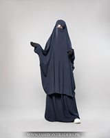 Jilbab élégant deux pièces droit et modeste en tissu de laine marine pêche pour femmes, idéal pour le Hajj, l'Omra, la prière, la mosquée et les événements islamiques