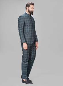 Traje básico de 2 piezas de poliéster con cuello de prohibición de cuadros para hombre, traje largo de ajuste Regular antiarrugas transpirable características Jodhpuri estilo Formal - Product Image 5