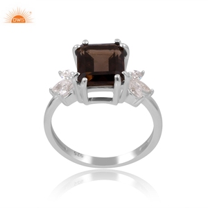 Best Selling Sterling <b>Silver</b> 18K Gold <b>Plated</b> Natural Smoky And CZ Gemstone Ring Demi Fine Jewelry Manufacturer - Product Image 1