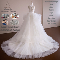 Robe de mariée col rond dos nu en tulle avec nœud, jupe bouffante drapée en satin, grande taille, fleurs personnalisées, vente en gros