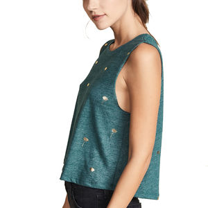 Top Corto sin Mangas para Mujer, Estilo Casual Holgado, Camiseta Deportiva, Color Verde Azulado Jaspeado, con Bordado/Estampado Floral, Ropa Urbana de Verano - Product Image 4