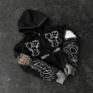 Sweat à capuche pour femme en coton 100% avec lavage à l'acide, fermeture éclair personnalisée, style streetwear délavé, design uni avec strass, logo sur le devant, pour l'hiver - Product Image 3