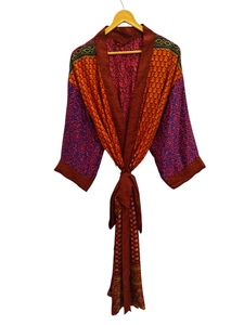 Peignoir d'été Peignoir multicolore Robe de nuit pour femme Robe longue, Kimono indien vintage en soie recyclée imprimé floral, - Product Image 2