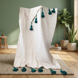 Bohemian Cotton Throw <b>Blanket</b> Solid White Teal Tassels Rectangular Woven Decorative Bedding Home All-Season - Product Image 1
