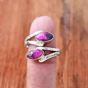 Bague Marquise Turquoise Huître Rose Argent Sterling 925 Martelé Réglable Split Band Bijoux pour Femmes - Product Image 1