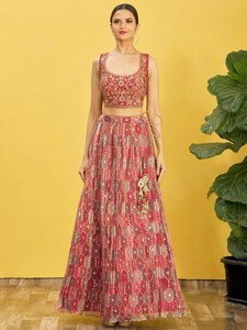 LEHENGA para Fiestas de Boda, en Chinnon, con Silueta Plisada y Estampado Geométrico Completo en Azul Marino, de Secado Rápido - Product Image 5