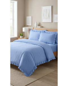 Ruffled Blue Poly-Cotton European-American Style 57TC <b>Bedding</b> Set <b>Queen</b> <b>Size</b> Frill Trim Duvet Cover 4pcs Soft Breathable Machine - Product Image 3