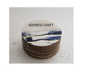 Best Price Indian Handmade Marble Wood <b>and</b> Metal Round Shape White <b>and</b> <b>Blue</b> Color <b>Coasters</b> Set Kitchenware Table Decorate Used - Product Image 1