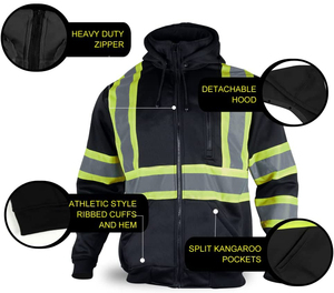 Hi Vis Safety Fleece Zip Hoodie for Men <b>Reflective</b> Sweatshirts <b>Jackets</b> Detachable Hood <b>Cycling</b> Safety <b>Jacket</b> - Product Image 3