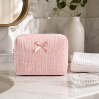 Sac de toilette de voyage mignon et pratique en tissu crêpe de coton double couche, léger, durable, avec fermeture éclair et nœud