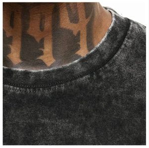 Gros poids lourd Vintage noir imprimé grands t-shirts graphiques lavage à l'acide T-shirt hommes surdimensionné chemises à col rond - Product Image 3