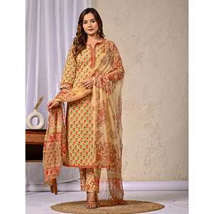 Ensemble ethnique Kurta et pantalon en coton imprimé au bloc Mehendi avec bandana - Product Image 3