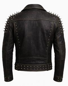 Blouson de moto en cuir d'agneau véritable style punk pour homme – Printemps, imperméable et respirant, coupe-vent, col montant, logo frontal, coupe classique - Product Image 3