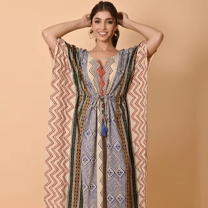High Quality Cotton Block Print <b>Kaftan</b> Dress Modest <b>Long</b> Maxi Handmade Floral Embroidery Loose Upto 54inch Wholesale Price - Product Image 1