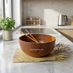 Bol rond en bois de teck de style vintage personnalisé, service de salade, ensemble de vaisselle, ustensiles de cuisine, assiette en bois, plats et bols - Product Image 6