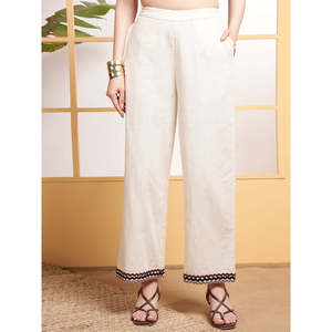 Deebaco Women's Off-<b>White</b> Cotton <b>2</b>-<b>Piece</b> Co-Ord <b>Set</b> With Embroidery V-Neck Top And Ankle Length Trouser Casual Wear Outfit - Product Image 3