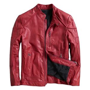 Men's Trendy <b>Vegetable</b> Tanned Sheepskin Jacket Real Leather with Canvas <b>Stand</b> Collar Motorcycle Coat - Product Image 1