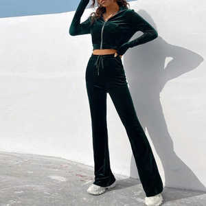 Survêtement en velours personnalisé de haute qualité pour femmes sweat à capuche court zippé et ensemble de jogging survêtement de sport décontracté en velours - Product Image 5