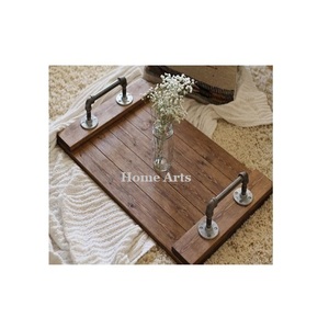Plateau de service en bois pour la cuisine, design classique, plateau à thé et à café avec poignées en fer pour les accessoires d'hôtellerie - Product Image 5