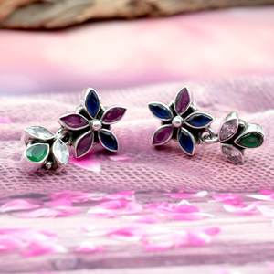 ต่างหูเม็ดกลมเงินแท้925เม็ดมีดีไซน์ลายดอกไม้ประดับเพชรหลากสีธรรมชาติเป็นของขวัญวันครบรอบปีที่สมบูรณ์แบบ-โมเดล E0178-GS - Product Image 1