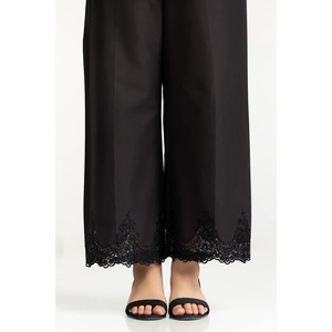 Pantalones Anchos de Satén Negro IUSTTR-42013, Cintura Alta, Antiarrugas, Transpirables, Formales, con Adornos de Encaje, 100% Seda, Corte Recto - Product Image 3