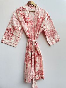Women's Cotton Kimono Robe Block Print Comfortable Nightwear Dress Bridesmaid Gown Dressing Handmade Beachwear Natural Waistline - Product Image 6