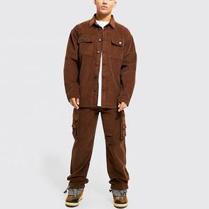 OEM New Design Custom <b>Brown</b> Corduroy Jacket Tracksuit Casual <b>Cargo</b> Button Sweatshirt Sweat Pant Two Piece Set Tracksuit for <b>Men</b> - Product Image 1
