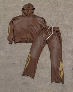 Custom Heavyweight Distressed Boxy Zip up Tracksuit Cropped Acid Washed Men Flared <b>Sweatpants</b> and Hoodie <b>Set</b> - Product Image 3