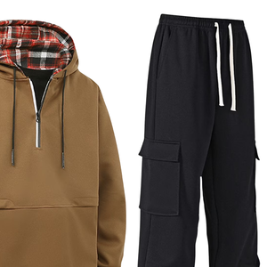 Ensemble de survêtement deux pièces pour homme, sweat à capuche demi-zippé et pantalon cargo, en coton décontracté, idéal pour l'entraînement hivernal et les activités de plein air - Product Image 3