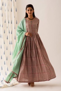 Mint Pink BlockPrint Maxi Suit Set Indian Fashion Styling Quality <b>Kurti</b> and Pants From Indian Manufacturer - Product Image 6