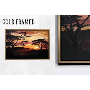 Impresión en lienzo de atardecer en Savannah: elegante arte de pared con paisaje africano, lienzo con marco dorado 1P - Product Image 1