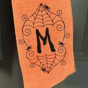 Grosir karangan bunga Monogram Sash dan selempang busur Linen anak-anak oranye keranjang selempang Halloween