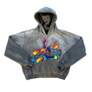 Custom Logo Rhinestone <b>Hoodie</b> 100% Cotton Acid Wash French Terry Unisex Street Wear with Zipper Design OEM ODM Baggy for <b>Men</b> - Product Image 1