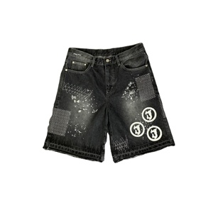 Short en jean déchiré de grande taille, sérigraphié et brodé de haute qualité, jorts pour hommes, jean vieilli délavé à l'acide, shorts pour hommes - Product Image 1