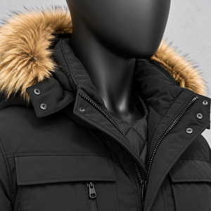 Chaqueta Larga Acolchada Negra para Hombre con Capucha de Piel, Cortavientos, Informal, para Invierno - Product Image 5